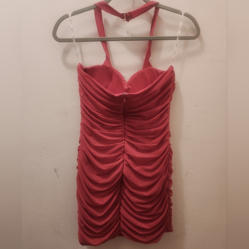 Club L London | Breakthough Raspberry Ruched Halterneck Mini Dress - Picture 4 of 9
